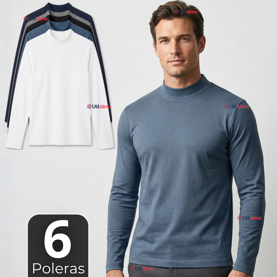 Pack 6 Camisetas Poleras Polar Primera Capa Cuello Beatle Manga Larga Colores Surtidos Hombre