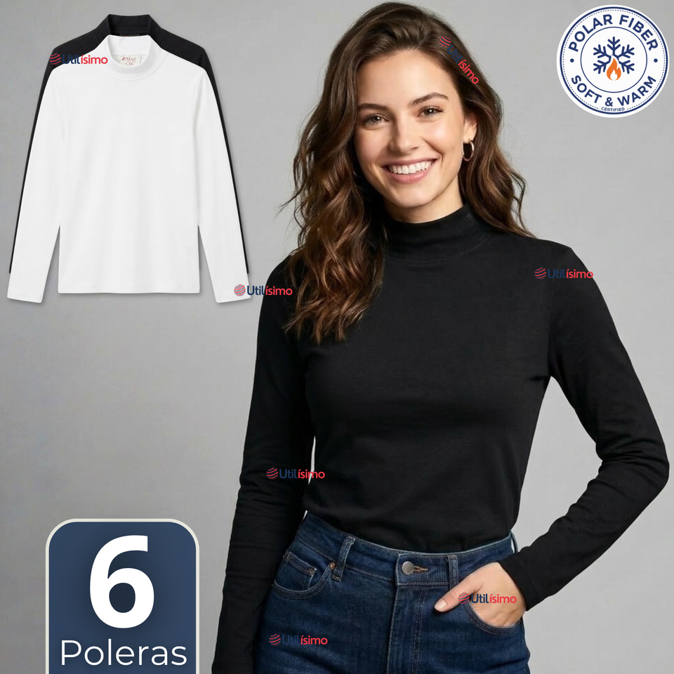 Pack 6 Camisetas Poleras Polar Primera Capa Cuello Beatle Manga Larga Blanco Negro Mujer