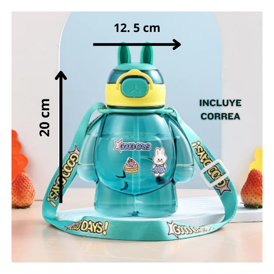 Botella Plástica 650ML Con Correa Y Orejitas Estilo Kawai Sin BPA Niños