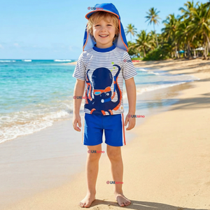 Traje de Baño Con Gorro Pantalón Corto Manga Corta 3 Piezas Corte Split Niño 1 a 5 años Blue Octopus