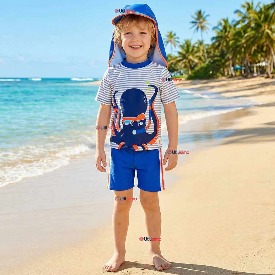 Traje de Baño Con Gorro Pantalón Corto Manga Corta 3 Piezas Corte Split Niño 1 a 5 años Blue Octopus