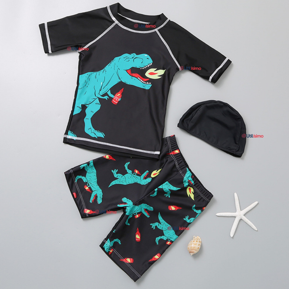 Traje De Baño Con Gorro Polera Pantalón Corto 3 piezas Corte Split Niño de 3 a 9 Años Dino