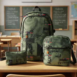 Mochila Escolar + Estuche + Lonchera 49cm Tela Oxford Verde Militar Niño