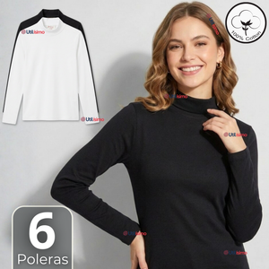 Pack 6 Camisetas Poleras Algodón Primera Capa Cuello Beatle Manga Larga Blanco Negro Mujer