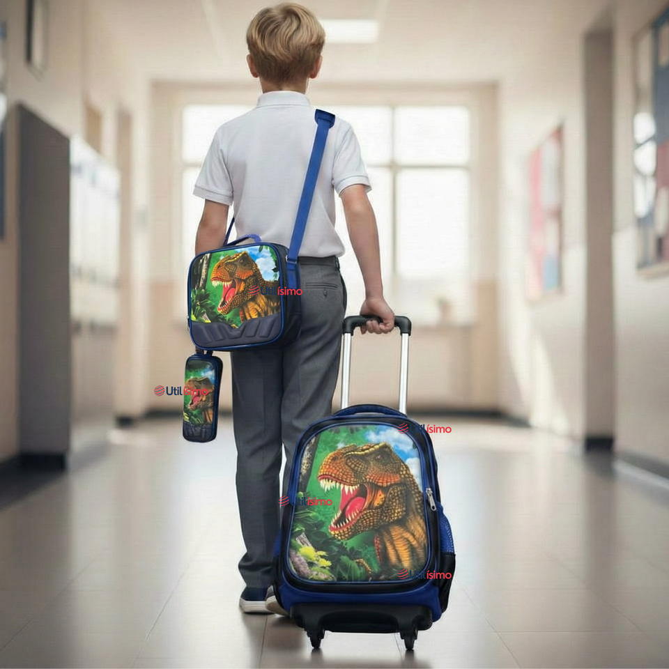 Mochila Escolar Con Ruedas + Estuche + Lonchera Poliéster Dinosaurio Niño