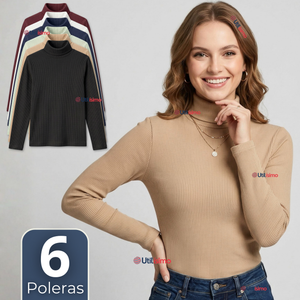 Pack 6 Camisetas Poleras Polar Primera Capa Acanalada Cuello Beatle Manga Larga Colores Surtidos Mujer
