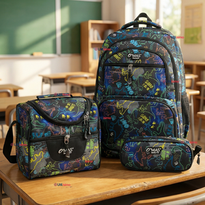 Mochila Escolar + Estuche + Lonchera 45cm Tela Oxford Estampado de Dinosaurio Niño
