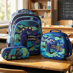 Mochila Escolar + Estuche + Lonchera 40cm Tela Oxford Azul Dinosaurio 3D Niño