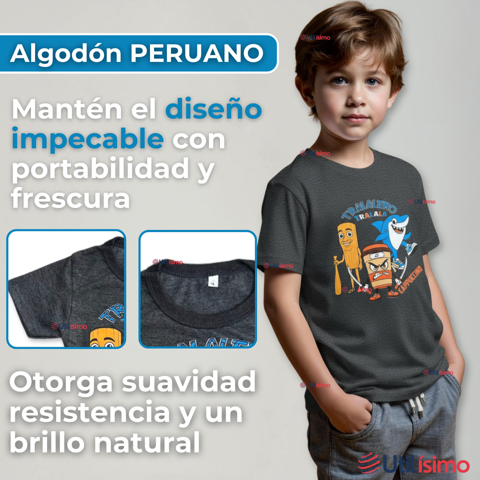 Polera Brainrots 100% Algodón Manga Corta Niño Tralalero Gris Oscuro