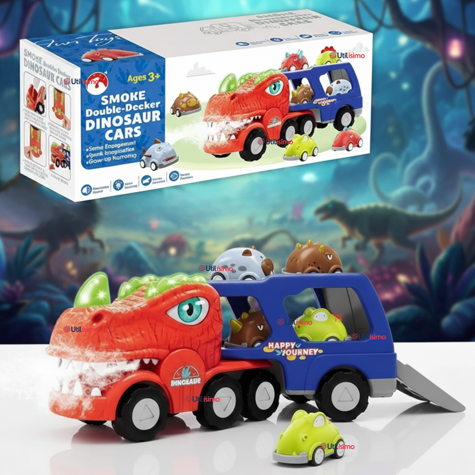 Camión De Dinosaurio 8 Mini Coches 2 Niveles Música Luces Juguete Niño