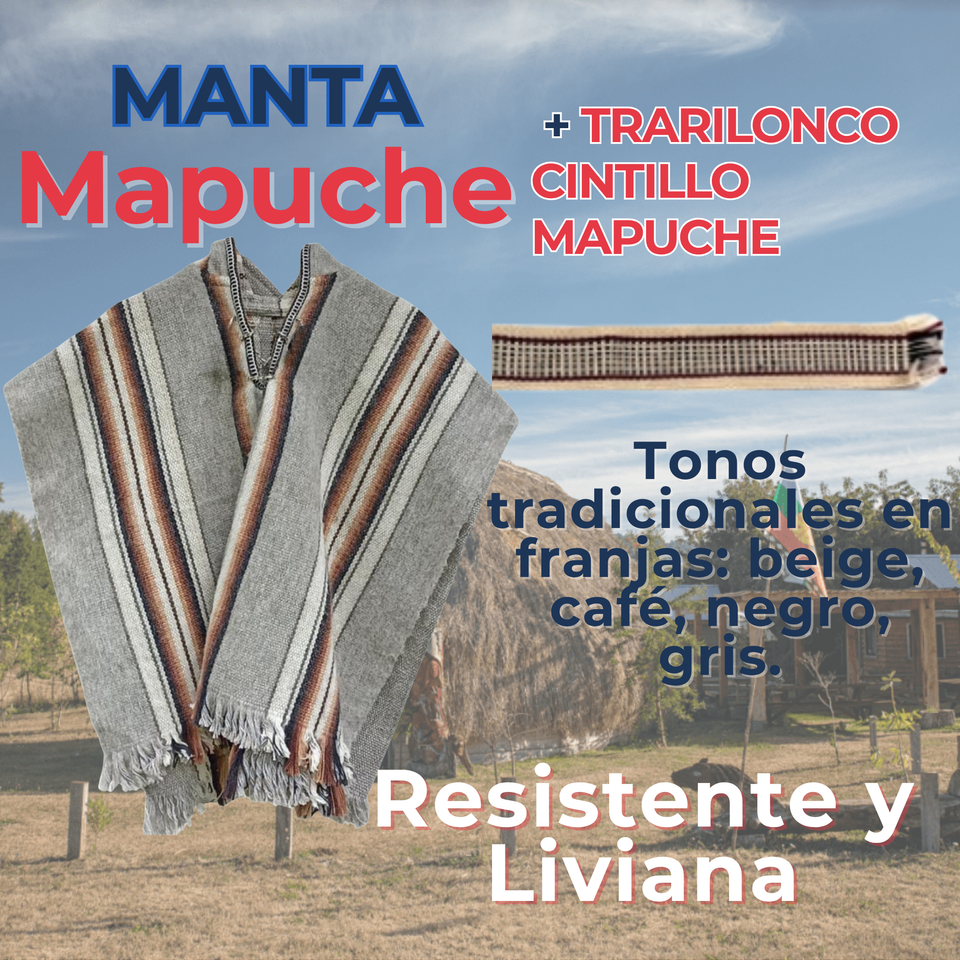 Set Poncho Manta Mapuche LANA GRUESO 60x35CM +TRARILONCO CINTILLO MAPUCHE 87CM Fiestas Patrias
