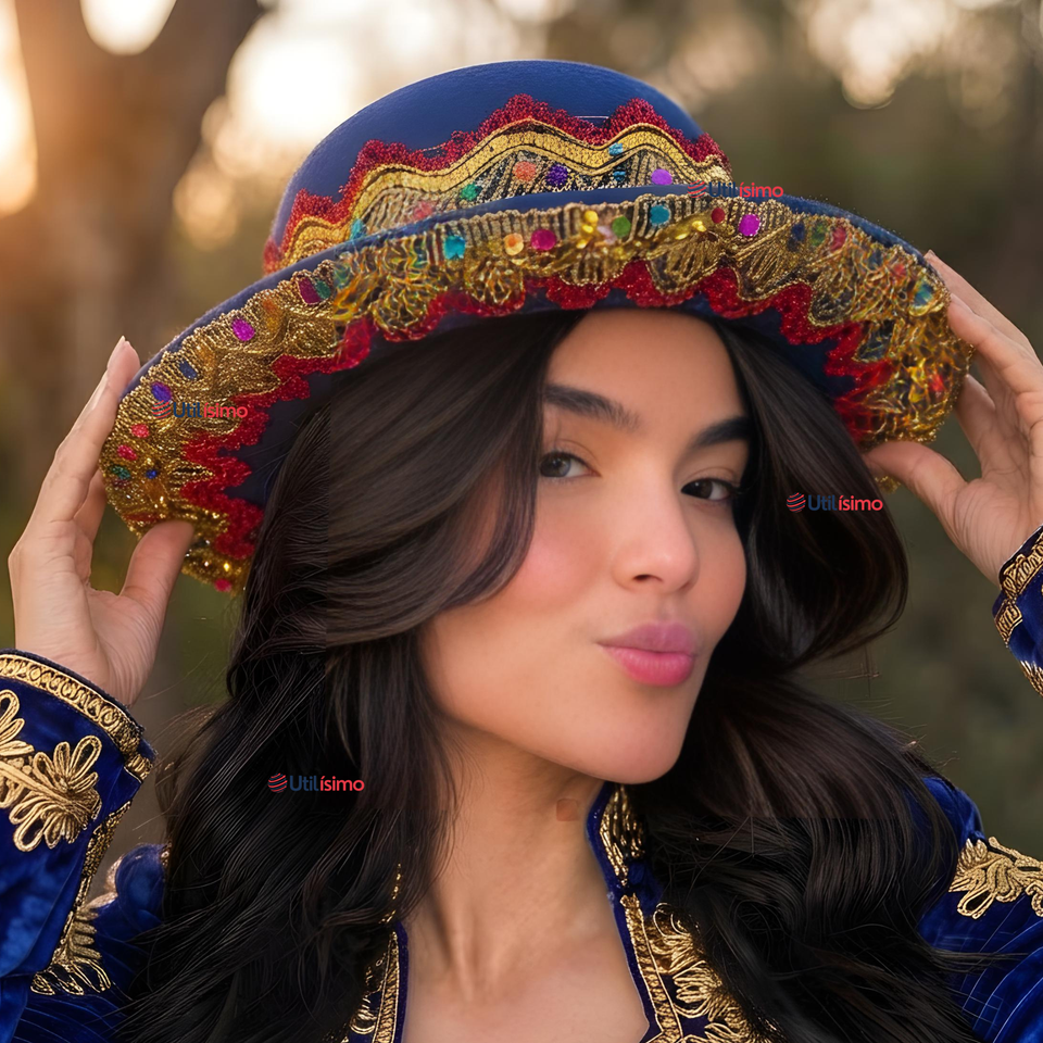 Sombrero Gorro Caporal Mujer Fiestas Patrias Azul Baile Típico
