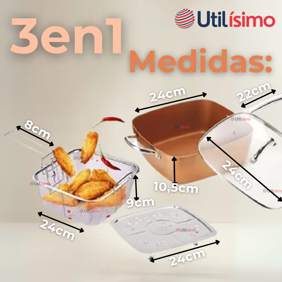 Sartén Antiadherente De Cobre Multiuso 3 en 1 Aceite Profundo Cesta Para Freír Vaporera