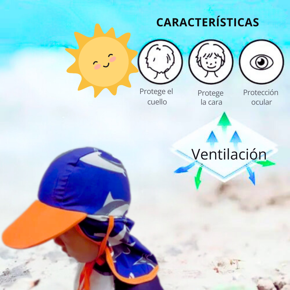 Gorro para el Sol con Solapas Protección UV Niños de 1 a 10 Años  Azul Tiburones