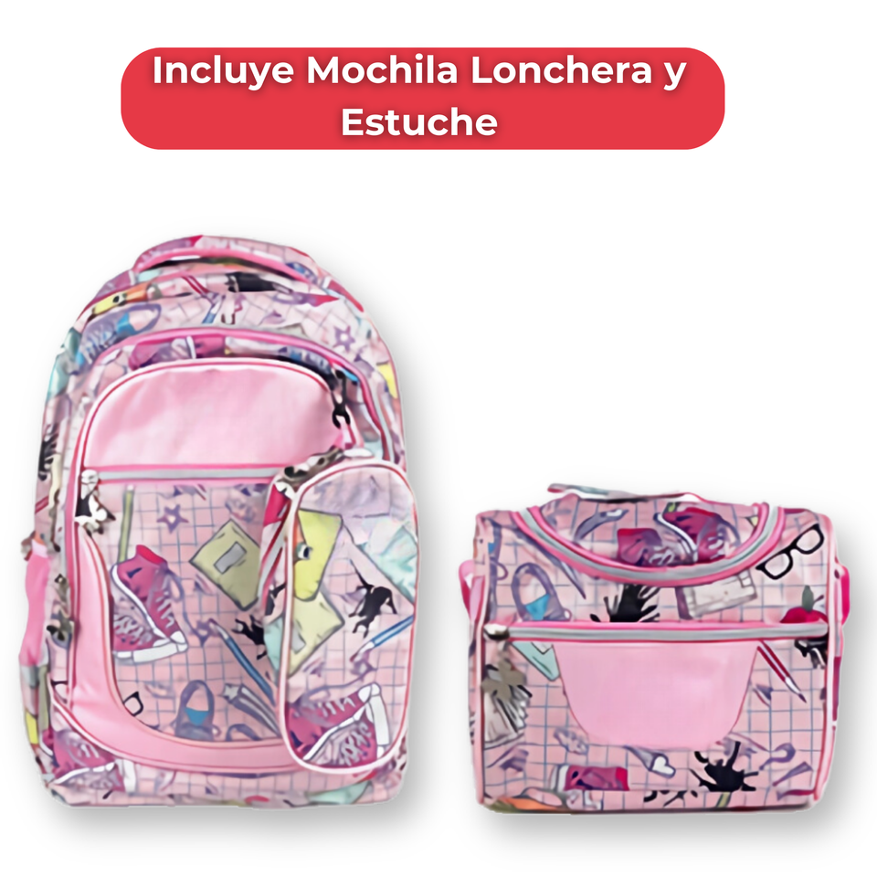 Mochila Con Lonchera Y Estuche 45CM Diseño Estampado Niña