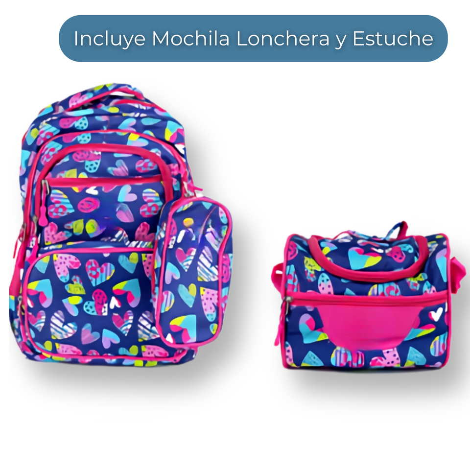 Mochila Con Lonchera Y Estuche 45CM Diseños Variados Niña