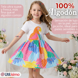 Vestido Manga Corta Casual Loro Multicolor Verano Niña 2 a 7 años