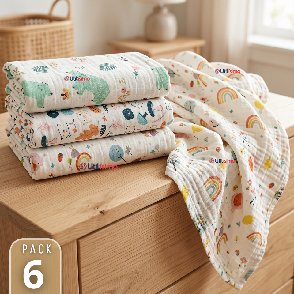 Pack 6 Mantas Muselina 70x 70 CM Bebé Niño Multiuso 100% Algodón Colores Surtidos