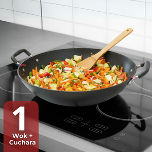 Wok Chino Acero Inoxidable Antiadherente 34cm+ Cuchara de Madera de Bambú