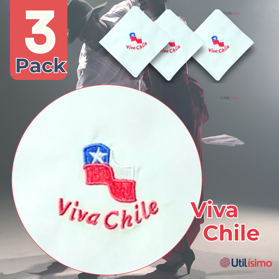 Pack 3 Pañuelos Baile Cueca 45CM Bordado Viva Chile Fiestas Patrias