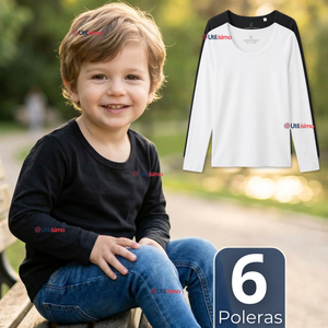 Pack 6 Camisetas Poleras Algodón Primera Capa Manga Larga Blanco Negro Niño