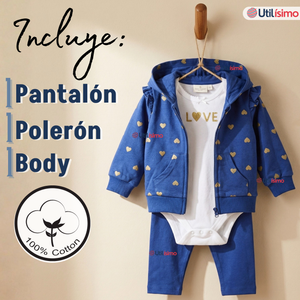Conjunto 3 Piezas Buzo Pantalón Polerón Body De Algodón Azul Corazones Bebé Niña