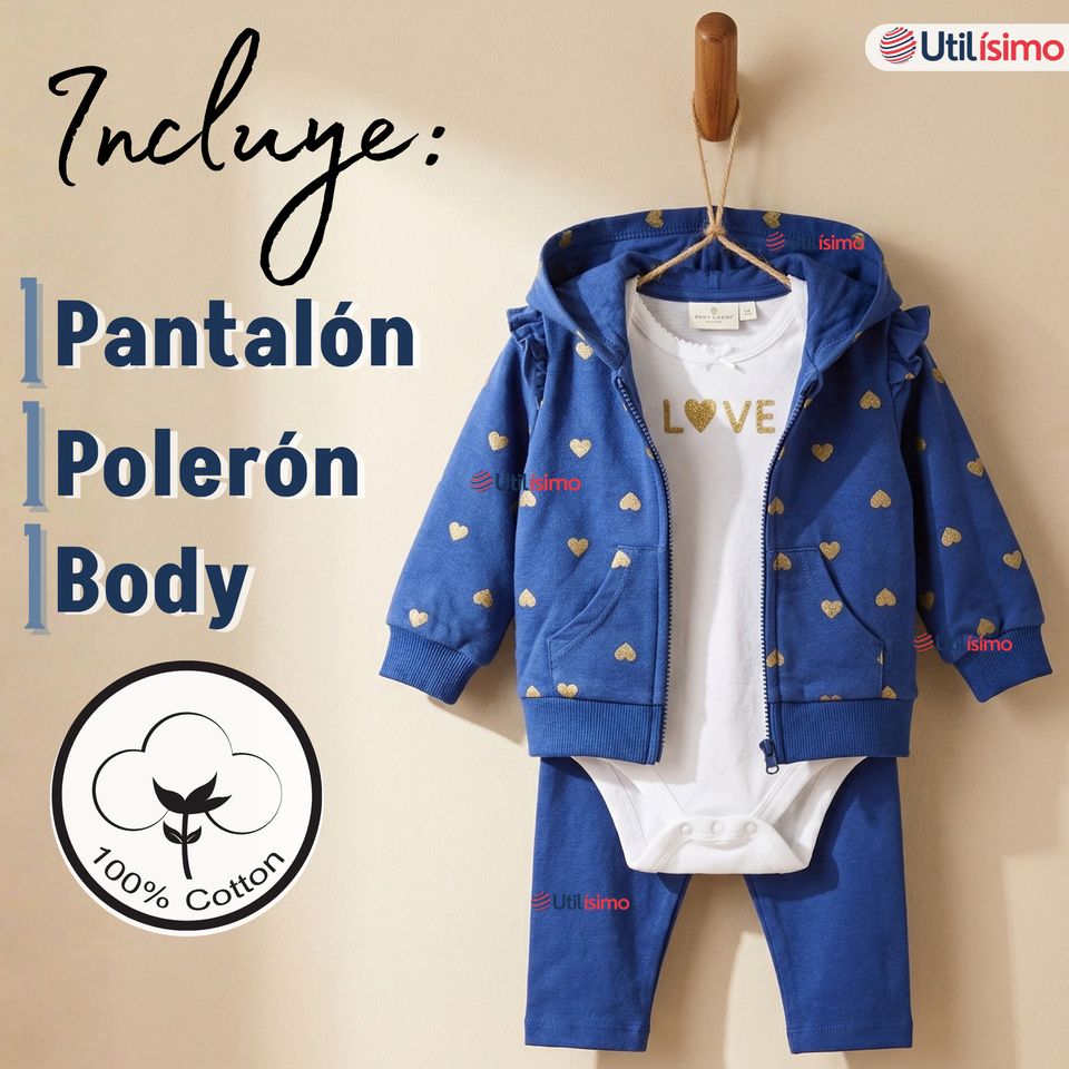 Conjunto 3 Piezas Buzo Pantalón Polerón Body De Algodón Azul Corazones Bebé Niña
