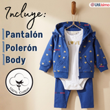 Conjunto 3 Piezas Buzo Pantalón Polerón Body De Algodón Azul Corazones Bebé Niña