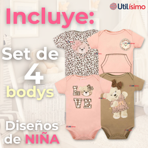 Pack 4 Bodys Niña Manga Corta Tedmimak 100% Algodón Baby Bear