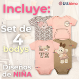 Pack 4 Bodys Niña Manga Corta Tedmimak 100% Algodón Baby Bear