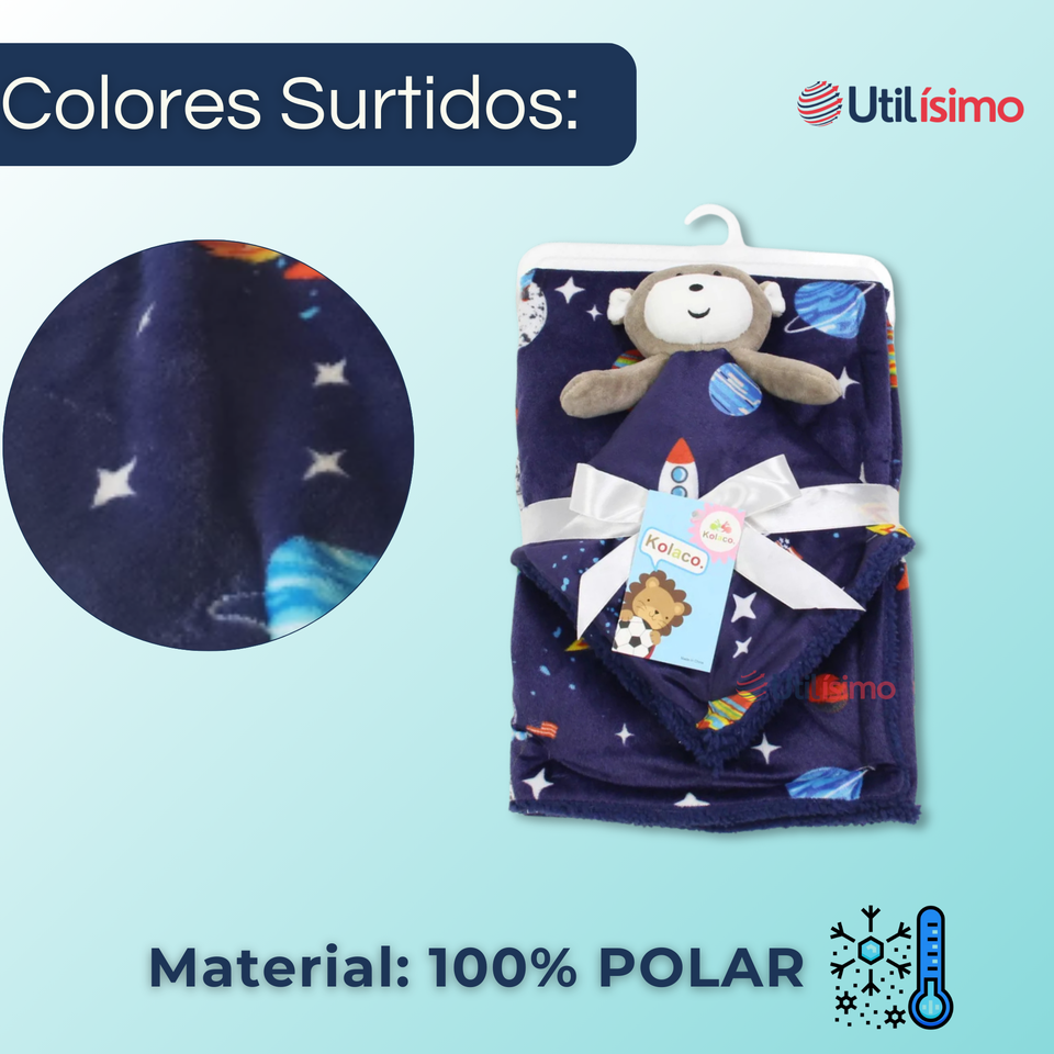 Set Manta Frazada Polar Para Bebé Niño + Peluche de Apego