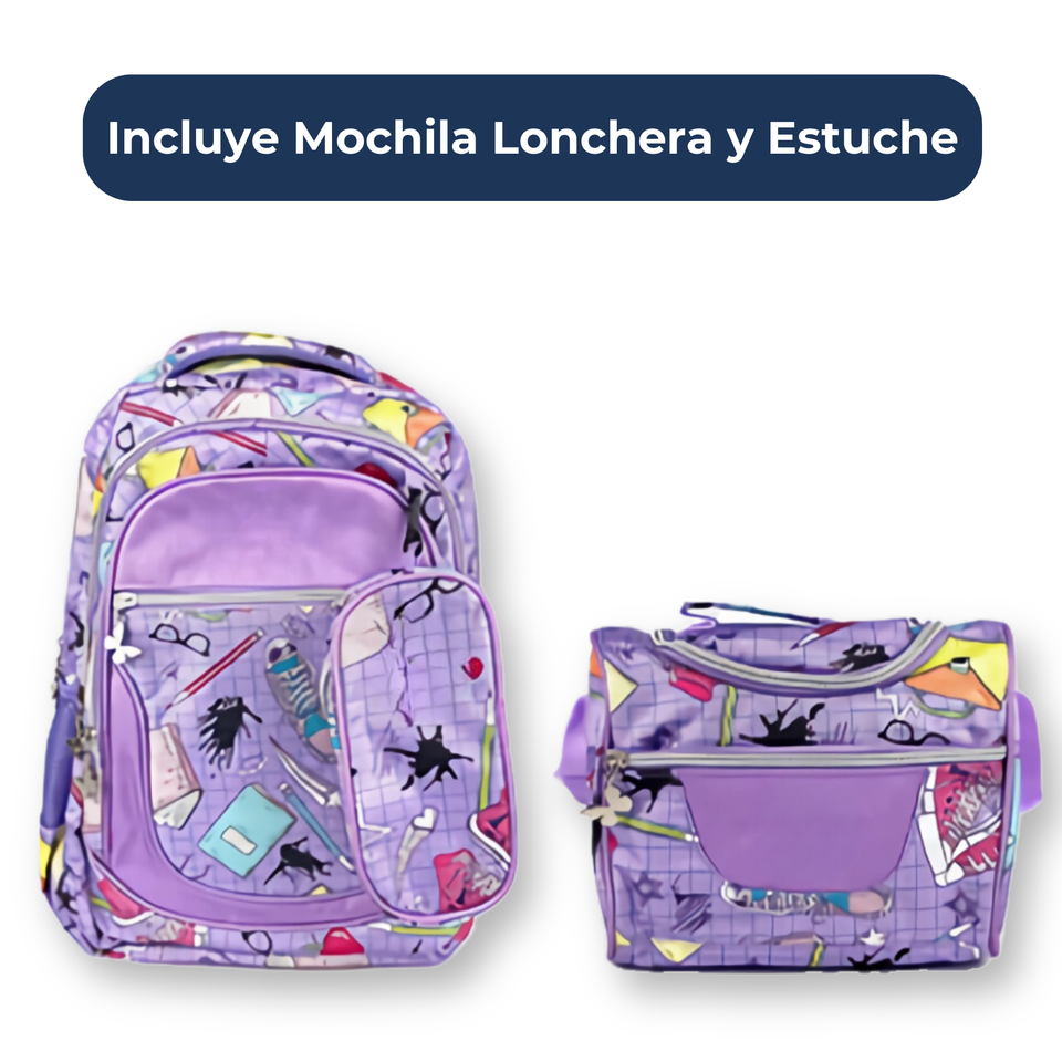 Mochila Con Lonchera Y Estuche 45CM Diseño Estampado Niña