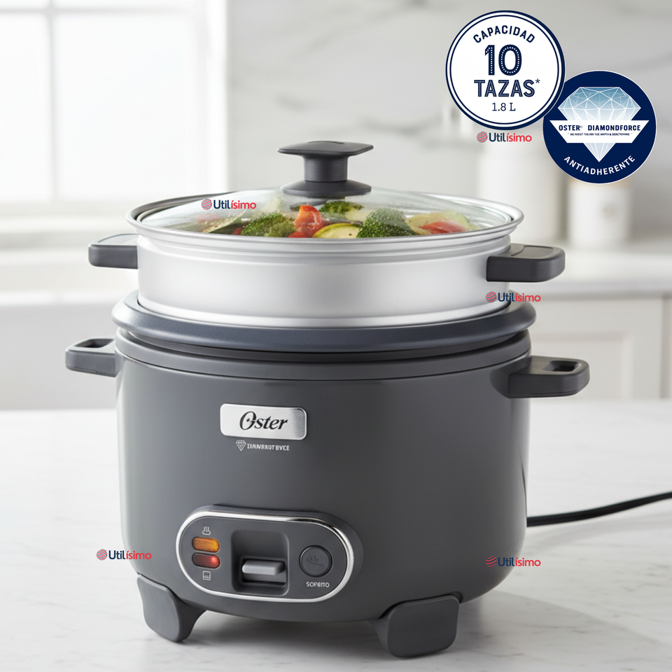 Oster Arrocera 3 en 1, 10 Tazas de Capacidad Función de Sofrito, Vaporera, Recubrimiento Antiadherente Oster DiamondForce, CKSTRC10DFSKE