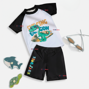 Traje de Baño Manga Corta Pantalón Corto 2 Piezas Corte Split Niño 3 a 9 años Black Dinosaur