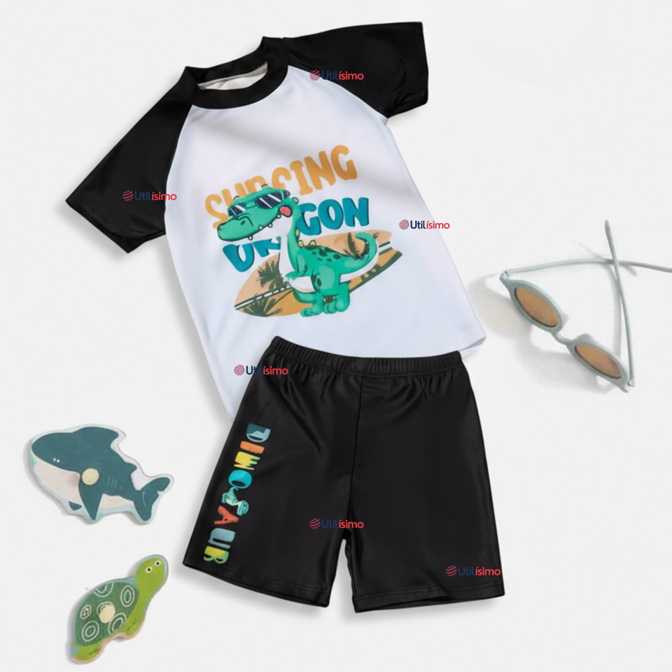 Traje de Baño Manga Corta Pantalón Corto 2 Piezas Corte Split Niño 3 a 9 años Black Dinosaur