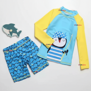 Traje de Baño Manga Larga Pantalón Corto 2 Piezas Corte Split Niño 3 a 9 años Blue Penguin
