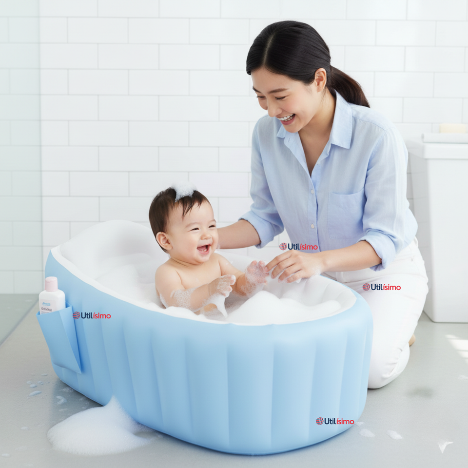 Bañera Inflable Plegable Portátil Para Bebés Con Bomba Aire Niño Azul