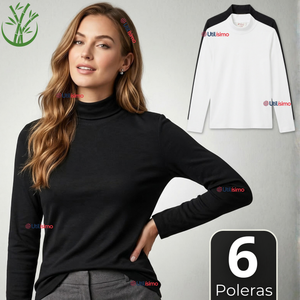 Pack 6 Camisetas Poleras Bambú Primera Capa Cuello Beatle Manga Larga Blanco Negro Mujer