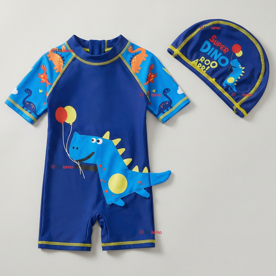 Traje de Baño Enterito Cremallera Manga Corta Con Gorro Niño 2 a 4 años Blue Dinosaur