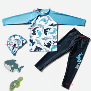 Traje de Baño Con Gorro Pantalón Largo 3 Piezas Corte Split Manga Larga Niño 3 a 11 años White Shark
