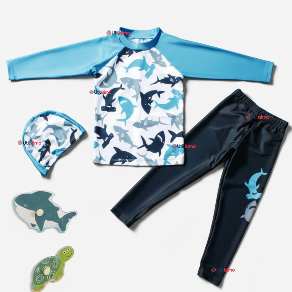 Traje de Baño Con Gorro Pantalón Largo 3 Piezas Corte Split Manga Larga Niño 3 a 11 años White Shark