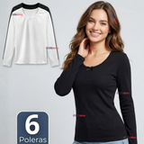 Pack 6 Camisetas Poleras Algodón Primera Capa Manga Larga Blanco Negro Mujer