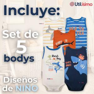 Pack 5 Bodys Niño Sin Manga Tedmimak 100% Algodón Baby shark