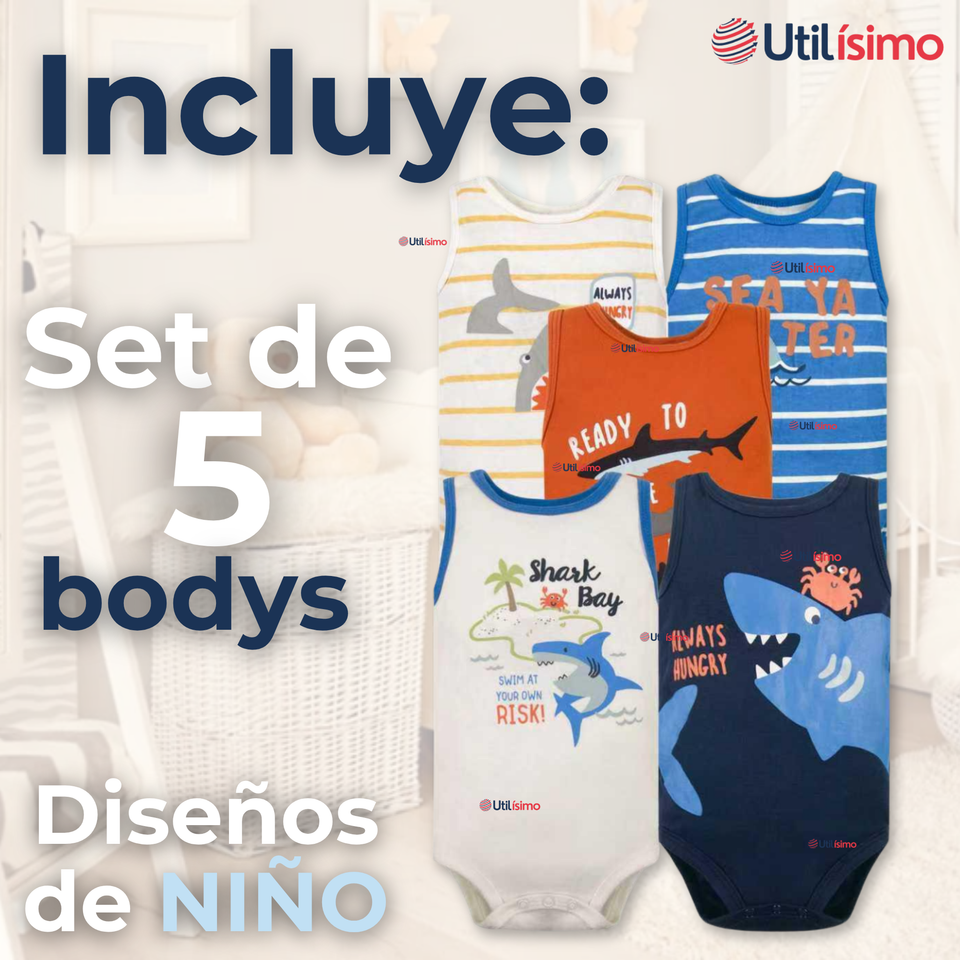 Pack 5 Bodys Niño Sin Manga Tedmimak 100% Algodón Baby shark