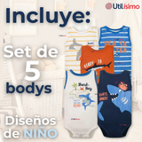 Pack 5 Bodys Niño Sin Manga Tedmimak 100% Algodón Baby shark