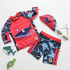 Traje de Baño Con Gorro Pantalón Corto Manga Larga 3 Piezas Corte Split Niño 1 a 5 años Red Whale