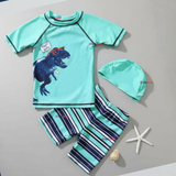 Traje De Baño Con Gorro Polera Pantalón Corto 3 piezas Corte Split Niño de 3 a 9 Años Dino