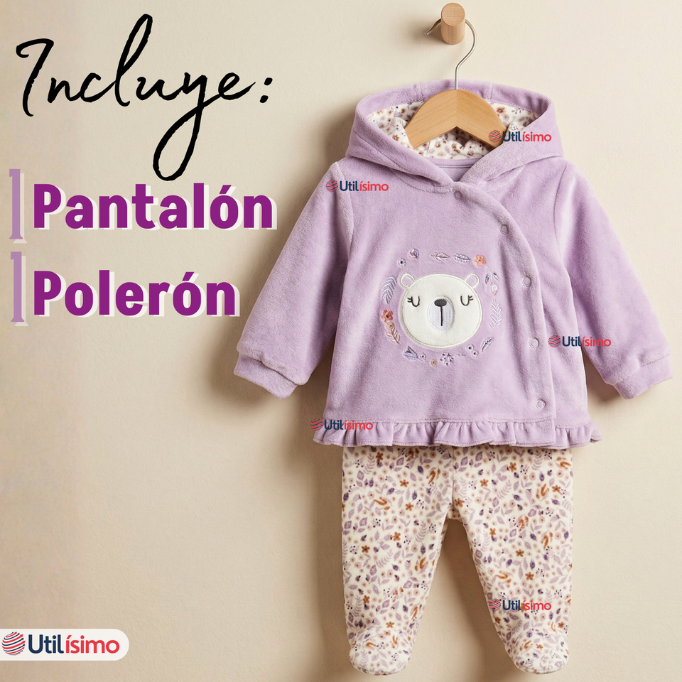 Conjunto 2 Piezas Buzo Pantalón Y Polerón Con Capucha Tela Plush Lila Bebé Niña