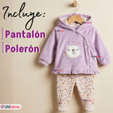 Conjunto 2 Piezas Buzo Pantalón Y Polerón Con Capucha Tela Plush Lila Bebé Niña