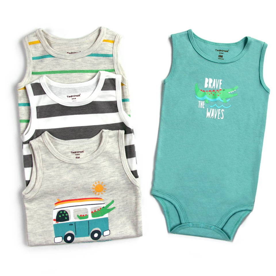 Pack 4 Unidades Extensor Body Bebé + Pack 4 Bodys Algodón Niño Sin Manga Cocodrilo Animado